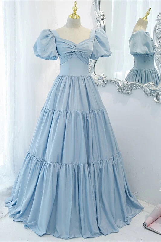 Weitese Light Blue A-line Long Formal Dress with Short Puff Sleeves Prom Dress Prom Dresses Stores